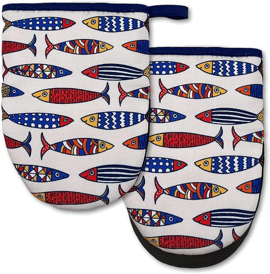 Linen Fish Mini Silicone Oven Mitts 2-Pack Set, Heat Slip Resistant Kitchen Gloves, Soft Short Oven Mittens for Safe Cooking Baking Grilling