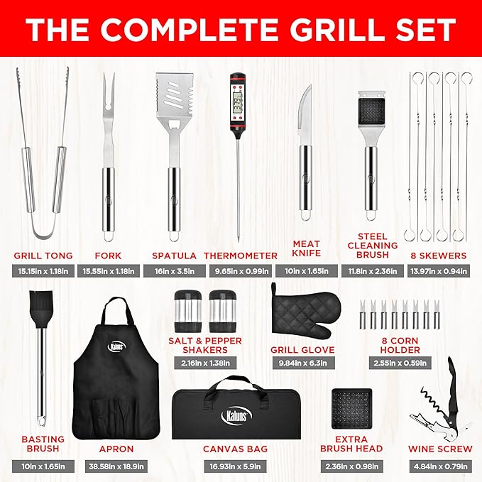 Kaluns Grilling Accessories, Dad Gifts for Fathers Day, Heavy Duty Stainless Steel Grill Set BBQ Grill Accessories for Outdoor Grill with Meat Thermometer, Case and Apron