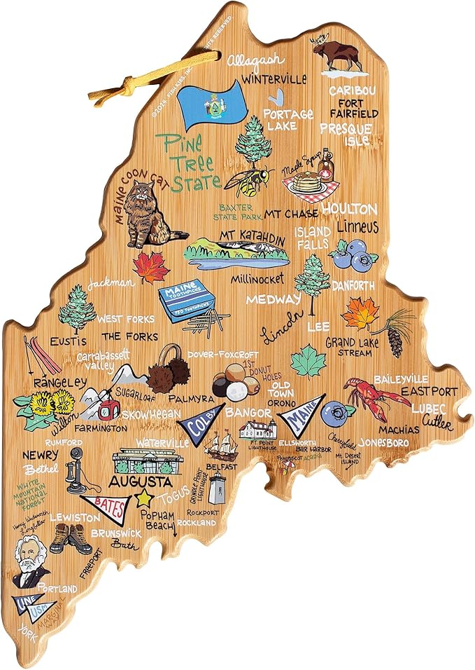 Totally Bamboo Maine State Shaped Cutting Board and Charcuterie Serving Platter with Artwork by Fish Kiss, Includes Hang Tie for Wall Display