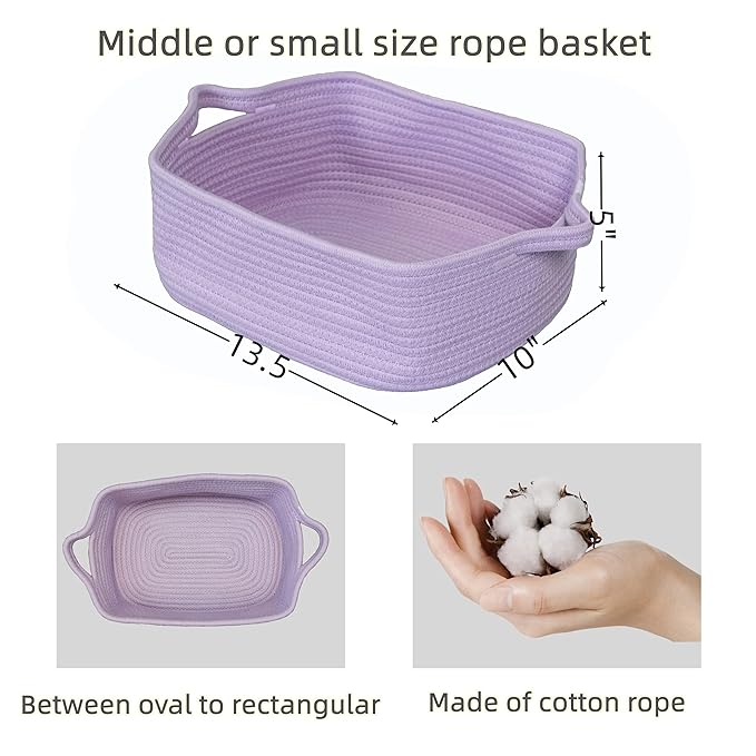 XUANGUO Woven Cotton Rope Storage Basket with Handles for Organizing Shelves Closet Small Cat Dog Pet Toy Baskets Box Bin Decorative Rectangle Baby Nursery basket Gift basket Empty(light purple)