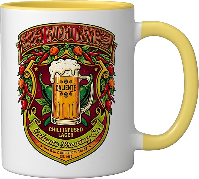 Spicy Fuego Cerveza Chili Texas Drinking Vintage Beer Label Ceramic Mug, Yellow/White