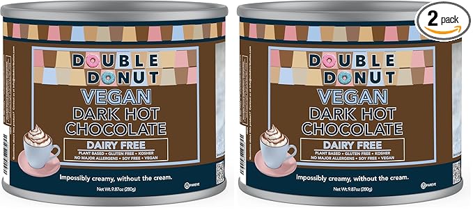 Double Donut Dark Vegan Hot Chocolate, Rich Dark Chocolate Hot Cocoa, Gluten Free, Dairy Free Hot Chocolate Mix for Velvety Smooth Vegan Hot Cocoa Mix, 12 Ounce Canister (Pack of 2)