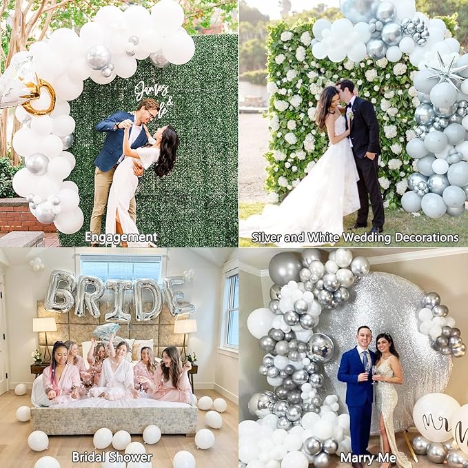 KARLURE White Silver Balloon Arch Kit Garland with Grey Clear Balloons for Birthday Engagement Wedding Baby Shower Confirmation Prom 25th Anniversary Decorations