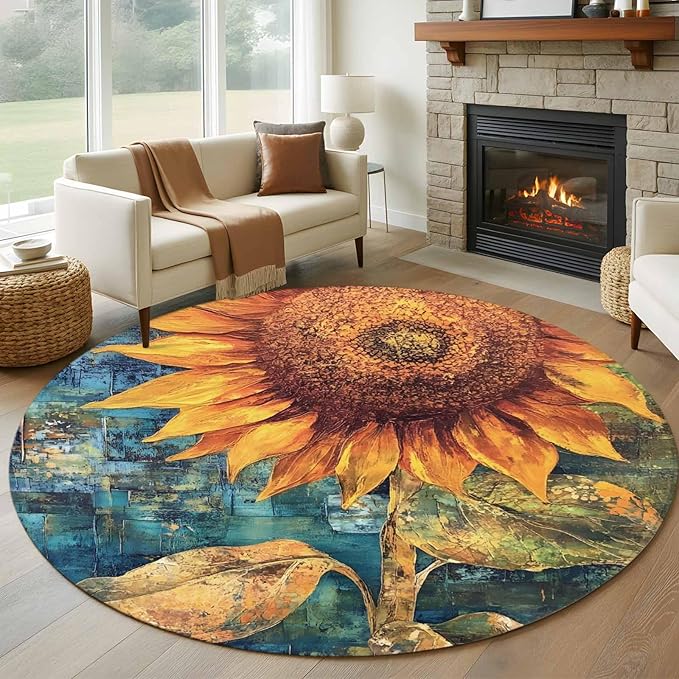 Washable Round Area Rug Rustic Golden Sunflower on Teal Blue Circle Rugs Floor Carpet for Living Room Bedroom, Abstract Floral Soft Non Slip Round Rug 5ft