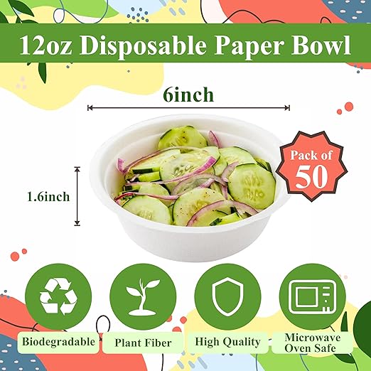 12oz Paper Sugarcane Disposable Bowls for Salads, Dessert and Cereals- Eco Friendly/Natural- Pack of 50ct