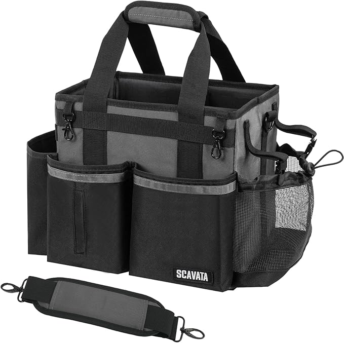 SCAVATA Compact Wearable Cleaning Caddy, Small Cleaning Caddy Supplies Organizer with Handle & Shoulder Straps for Housekeepers, Under Sink & Car Cleaning Tool Organizers Bag (DarkGrey)