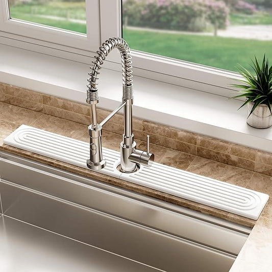 Stone Faucet Mat for Kitchen Sink, Diatomite Sink Protectors - Prevent Moisture Drying Stone Tray Fit Kitchen Counter & Bathroom Counter (White, 30"L x 4"W)