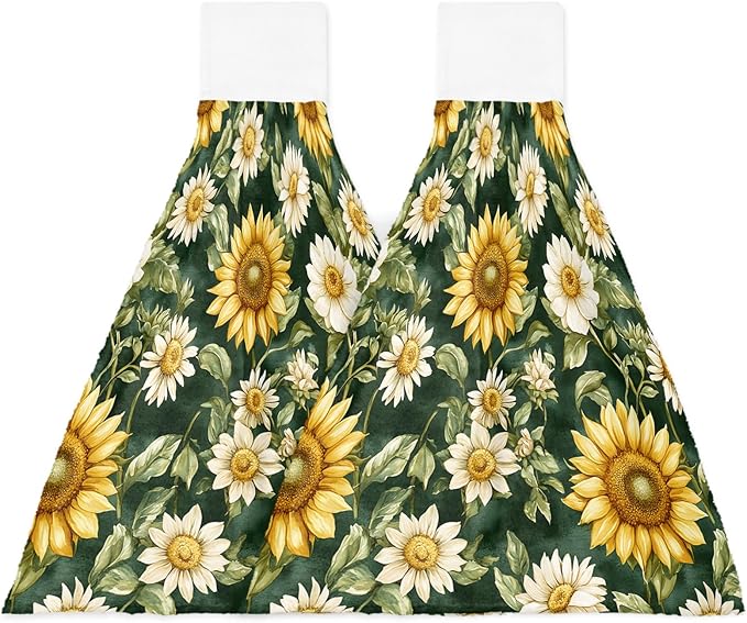 Alandar Home Kitchen Tie Towel Set of 2, Country Sunflower Green Watercolor Leaves Absorbent Soft Hand Towels for Bathroom Hanging Towels, Blossom Floral Fast Drying Cleaning Cloth with Loop