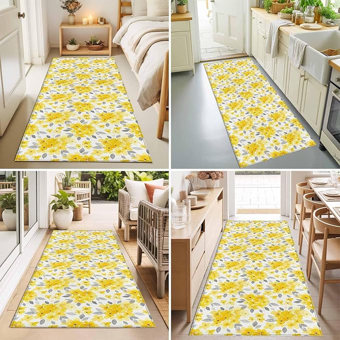 Runner Rug for Bedroom Hallway, Summer Pastoral Yellow Flower Kitchen Runner Rugs Area Rug 2x6ft, Country Floral Leaf Theme Washable Soft Floor Carpet for Entryway Stair