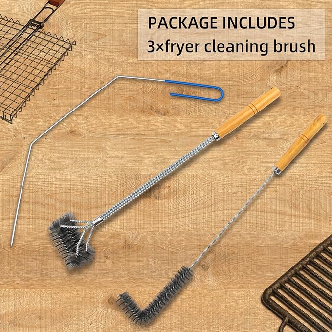 3 Pieces Fryer Cleaning Tools, Stainless Steel Deep Fryer Cleaning Tools, Including Basket Fryer Brush, L-Shape Deep Fryer Cleaning Brush and Fryer Cleanout Rod, Air Fryer Cleaning Brush Tools
