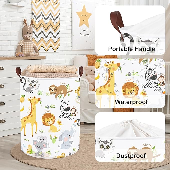 Clastyle Large Alphabet Animal Hamper for Nursery Kid Room Giraffe Lion Boy Girl Laundry Basket with Handle Elephant Collapsible Zebra Clothes Toy Storage Basket with Lid