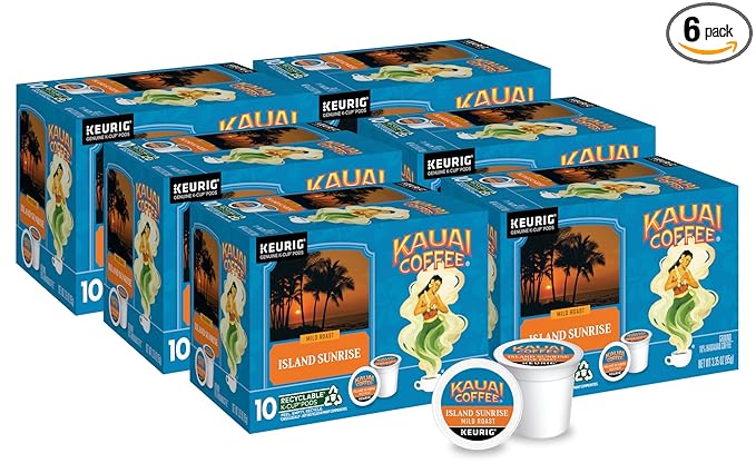 Kauai Coffee K-Cup Pods for Keurig Brewers – Arabica Coffee, 10% Hawaiian – Mild Roast, Light with Bright Aroma – Island Sunrise, 6 Packs of 10 Single Serve K-Cups
