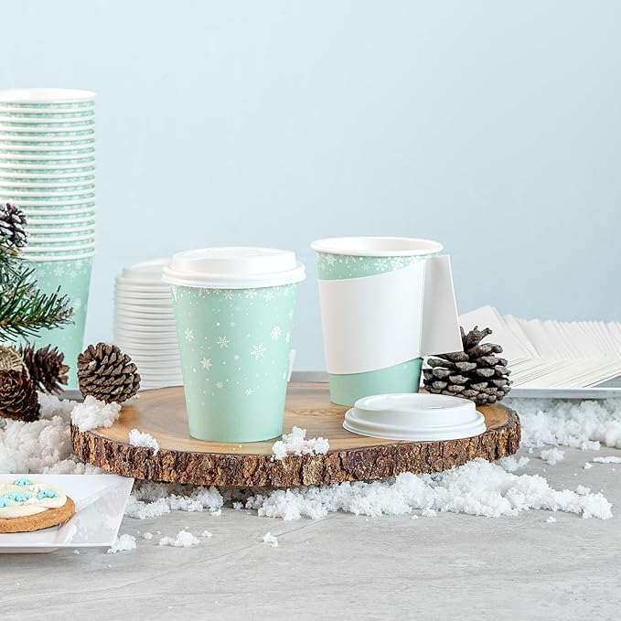 Restaurantware-Restpresso 12 Ounce Drinking Cups, 20 Hot Cups With Plastic Lids - Snowflake Design, Disposable, Light Blue Paper Coffee Cups, For Christmas Parties, Serve Hot And Cold Drinks