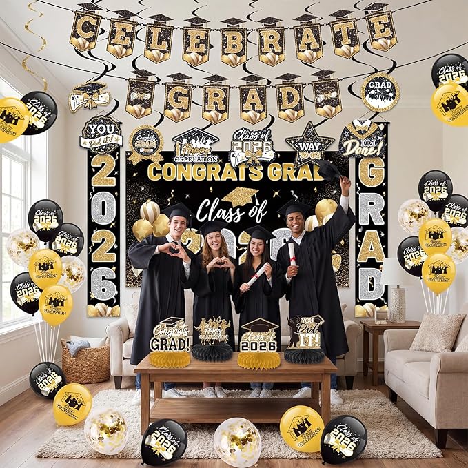 Black and Gold 2026 Graduation Party Decor Kit-Includes Backdrop, Banner, Balloons, Hanging Swirls & Honeycomb Centerpieces for Class of 2026 -Full Set for High School and University Graduation Events