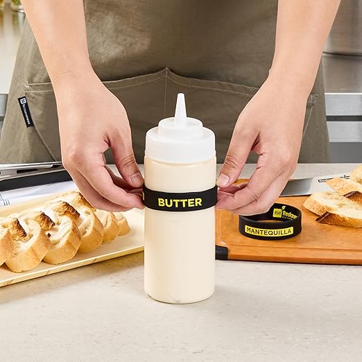 Restaurantware Silicone Squeeze Bottle Band 10 Count 2.75 Inch Dishwasher Safe Condiment Identification Band, Butter Black Non-Slip Label Band for Condiment Labeling at Restaurants, Food Trucks