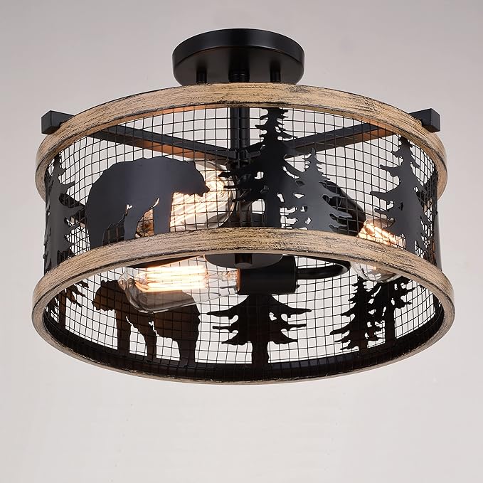VAXCEL Kodiak 16 Inch Rustic Flush Mount Ceiling Light, Bear and Tree Motif, Dimmable Indoor Outdoor Lighting, Black and Burnished Teak Finish