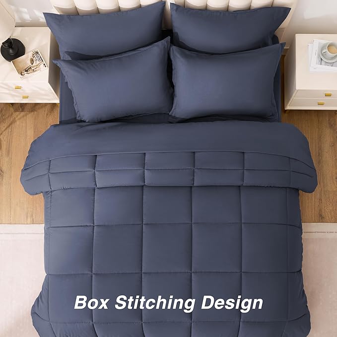 Love's cabin Full Comforter Set Indigo Blue, 7 Pieces Full Bed in a Bag, All Season Bedding Sets with 1 Comforter, 1 Flat Sheet, 1 Fitted Sheet, 2 Pillowcase and 2 Pillow Sham | Soft, Breathable, Lightweight, Comfortable