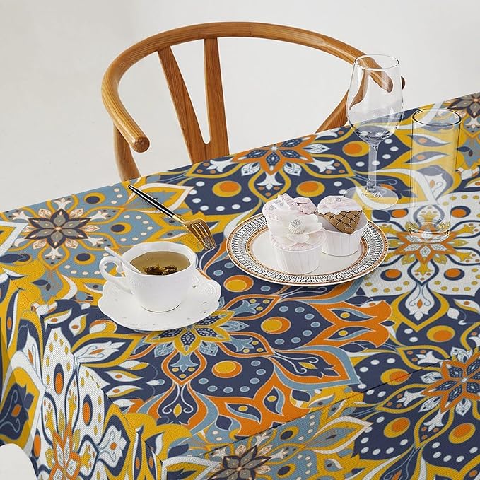 Retro Moroccan Boho Kitchen Tablecloth Vintage 70's 60's Hand Drawn Style Floral Motifs Table Cloth for Living Room Kitchen Party Picnic Cloth Stain Resistance Polyester, 55x55 Square