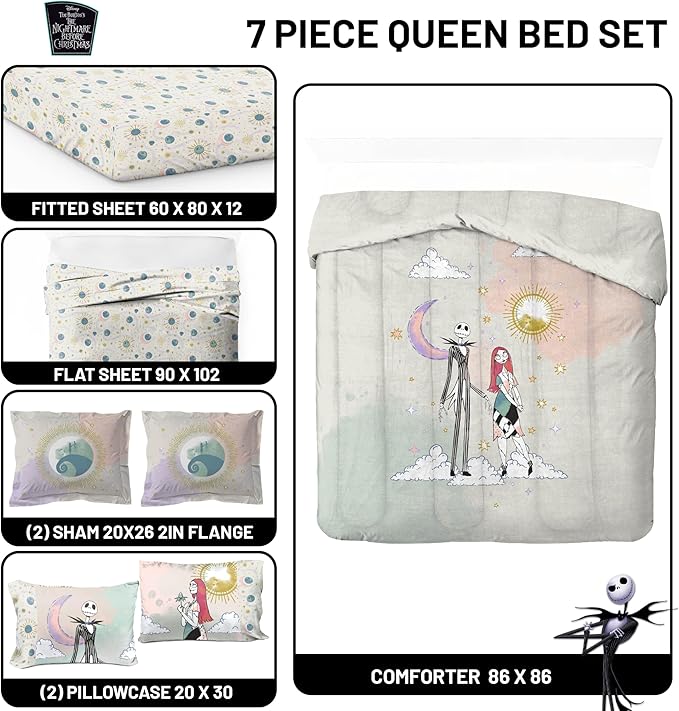 Disney Nightmare Before Christmas Queen Size Comforter Set - 7 Piece Jack and Sally Bedding Includes Sheet Set & Pillow Covers - Super Soft Ombre Bedding