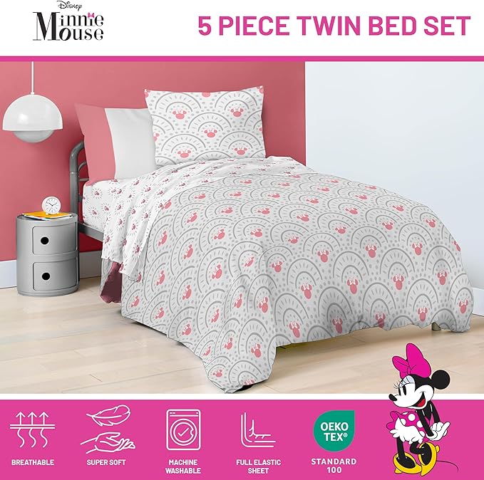 Disney Minnie Mouse Twin Comforter Set - 5 Piece Bedding Includes Sheet Set & Pillow Covers - Super Soft Cozy Pink Mandala Bedding
