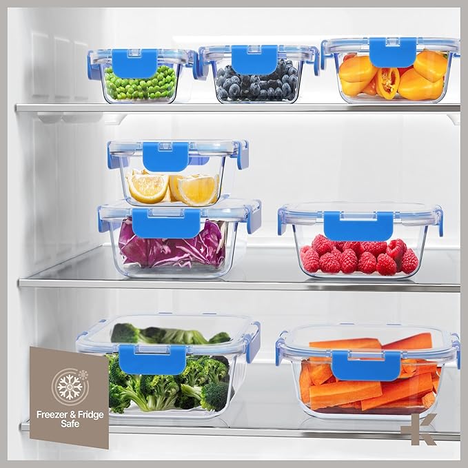 Bakken Borosilicate Glass Food Storage Containers with Lids 16 Pieces, BPA-Free Stackable Lunch & Leftover Containers, Microwave, Freezer & Dishwasher Safe, 100% Airtight Leak-Proof, Blue