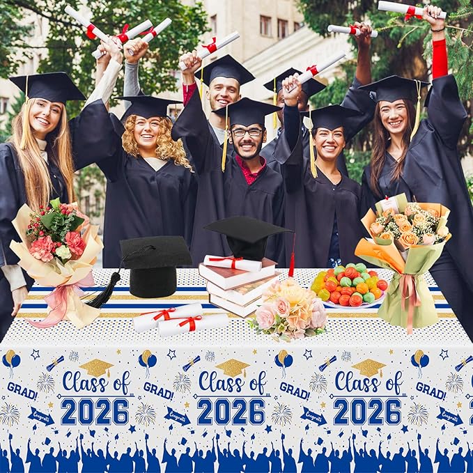 Graduation Decorations Class of 2026 Tablecloth - 3 Pcs Plastic Congrats Grad Table Cloth, Graduation Table Cover for Graduations Party Decorations 2026 and Party Supplies, 54"x108" (Blue and Gold)
