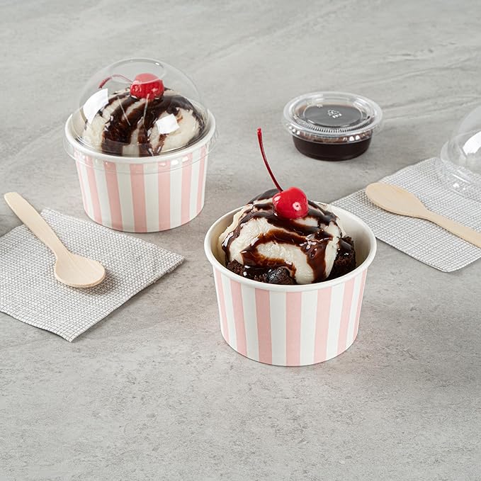Coppetta 5-Ounce Dessert Cups, 200 Disposable Ice Cream Cups - Lids Sold Separately, Striped, Pink And White Paper FroYo Bowls, For Hot And Cold Foods, Perfect For Gelato Or Mousse - Restaurantware
