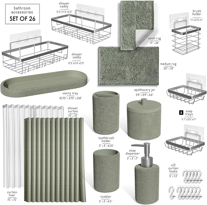 Clara Clark Sage Green Bathroom Set - Bathroom Sets with Shower Curtain and Rugs, 26PC Bathroom Accessory Set, Shower Curtain Set with Adhesive Corner Shower Caddy Hanging & Soap Dispenser