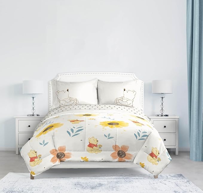 Jay Franco Disney Winnie The Pooh King Comforter Set - 7 Piece Bedding Includes Sheet Set & Pillow Covers - Super Soft Cozy Floral Bedding