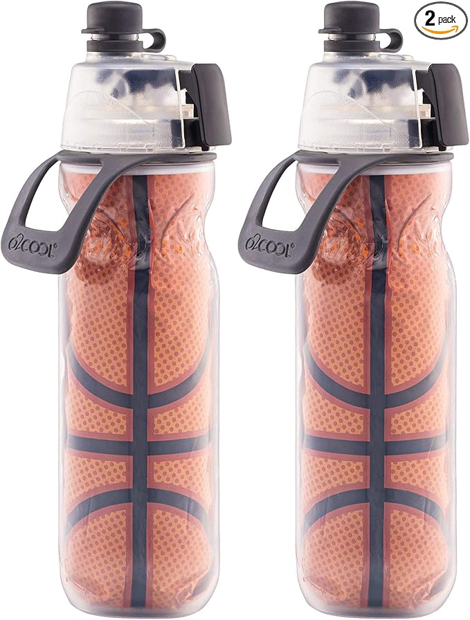 O2COOL Mist 'N Sip Misting Water Bottle 2-in-1 Mist And Sip Function With No Leak Pull Top Spout Reusable Sports Water Bottle - 20 oz (2 Pack Basketball)
