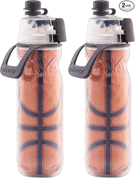 O2COOL Mist 'N Sip Misting Water Bottle 2-in-1 Mist And Sip Function With No Leak Pull Top Spout Reusable Sports Water Bottle - 20 oz (2 Pack Basketball)