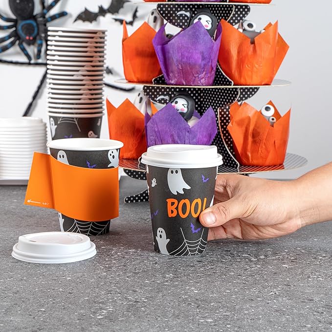 Restaurantware-Restpresso 12 Ounce Halloween Party Cups, 20 Disposable Hot Cups With Plastic Lids - Spooky Ghost Design, Rolled Rim, Black Paper Coffee Cups, Single Wall, Serve Hot And Cold Drinks