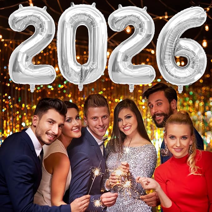 2026 Balloons New Years Eve Party Supplies - 40" Large Sliver Foil Number Balloon New Years Decorations Graduation Balloons Class of 2026 Happy New Year Birthday Anniversary Graduation Decorations