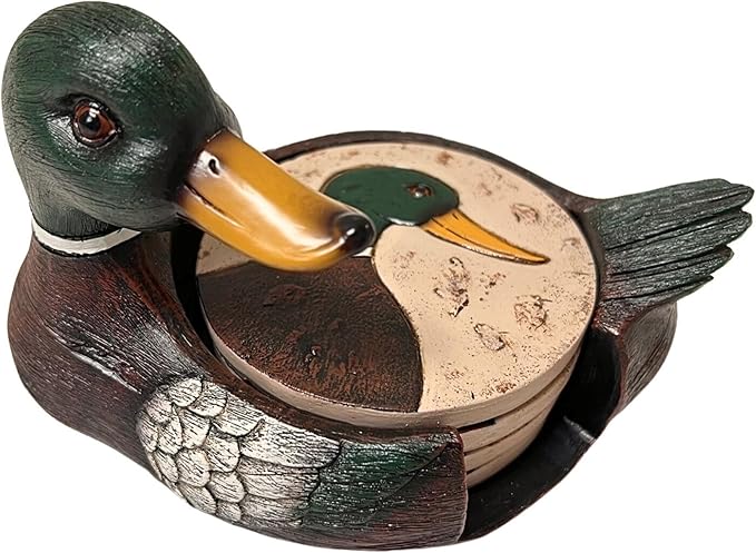 BestGiftEver Mallard Duck Coaster Set of 4 - Round Polyresin Bar Coasters for Drinks, Lakehouse-Themed Kitchen Bar Decoration, Pond and Lake Bird Waterfowl for Tabletop Protection