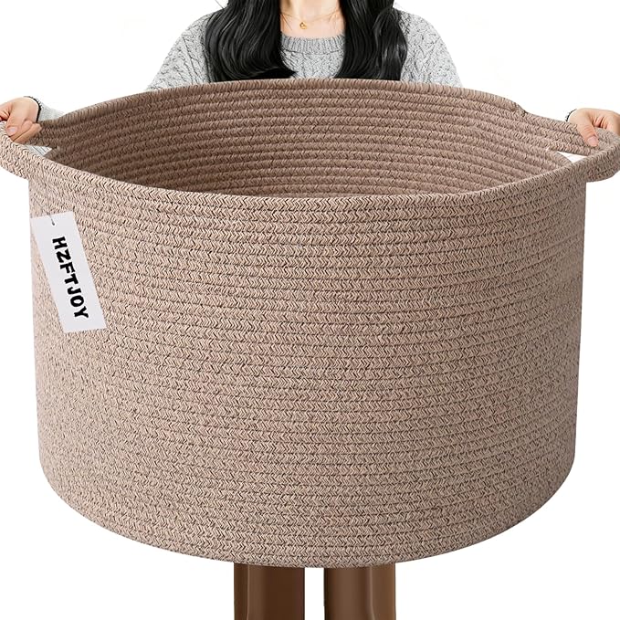 65L Large Blanket Basket,Woven Rope Laundry Basket Hamper with Handles,Decorative Nursery Basket Storage Bin for Toys, Pillows , Clothes Organizer, Living Room, Bedroom, Bathroom, Brown