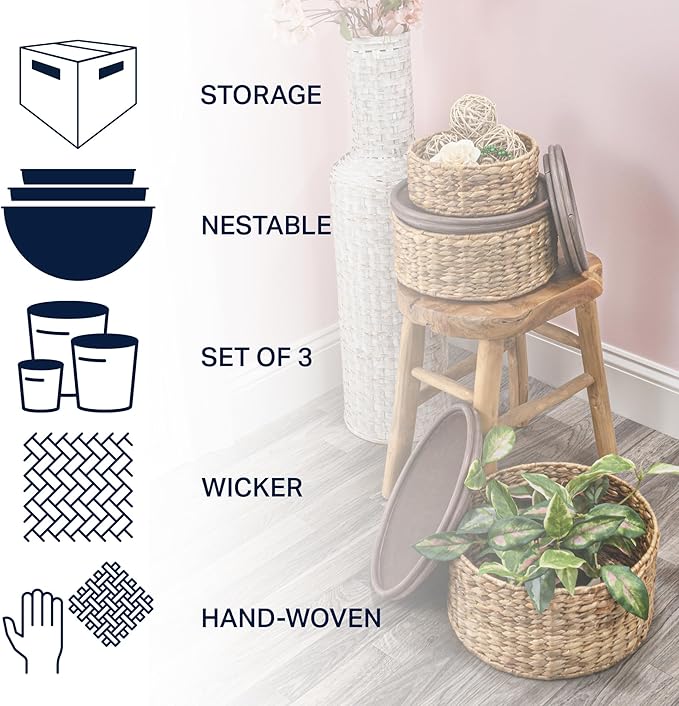 happimess BSK1004A-3SET Gouda Southwestern Hand-Woven Hyacinth Circular Nesting Wicker Storage Baskets with Wood Lids, Seagrass Container for Decoration in Bathroom, Bedroom, Closet,Natural (Set of 3)