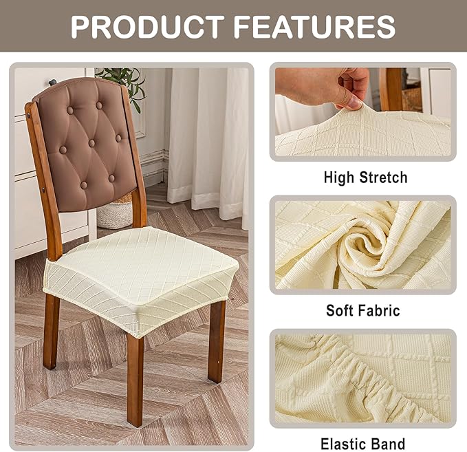 Genina Waterproof Seat Covers for Chairs,Set of 2 Dining Room Chair Seat Covers for Kitchen,Stretch Jacquard Removable Washable Dining Chair Slipcovers Protectors with Rear Covers, Beige