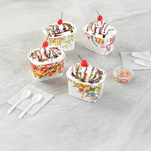 Restaurantware Paper Cups 200 Count 12 Ounce Square Disposable Ice Cream Containers, Leak-Resistant Paper Dessert To Go Cups, Hot And Cold Food, Durable Assorted Sprinkles Design