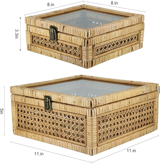 HUAXIN CRAFT H Rattan Square Box with Lid - Set of 2 Wicker Decorative Bins with Glass Cover for Display