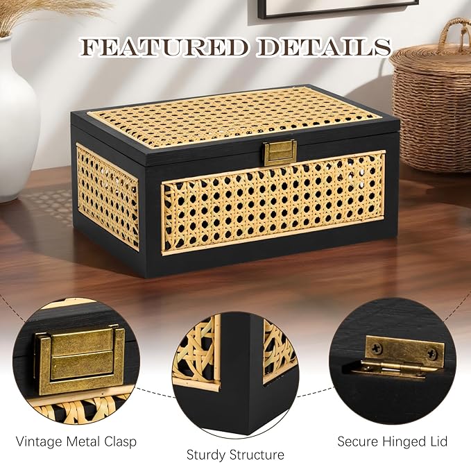 Rattan Storage Boxes Decorative Handmade Natural Wood Baskets with Lid Wooden Frame Boho Rustic Wicker Box Stacking Woven Cane Bins Shelf Closet Desk Organizer Container (Black, Small)
