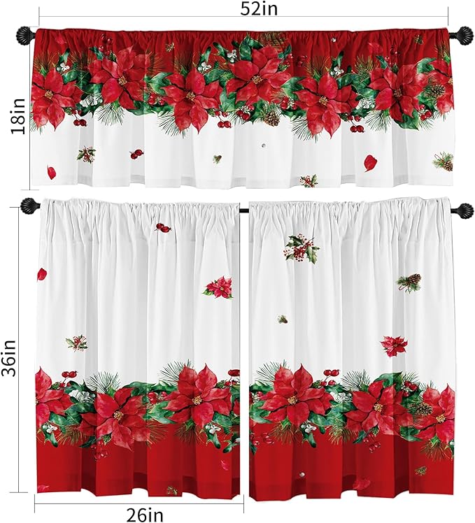 Christmas Poinsettia Curtain Valances Set of 3 Panels,Red,White&Green Rod Pocket,Festive Decor for Kitchen Bedroom, Bathroom,Laundry,52x18 Inch + 2x36x26 Inch