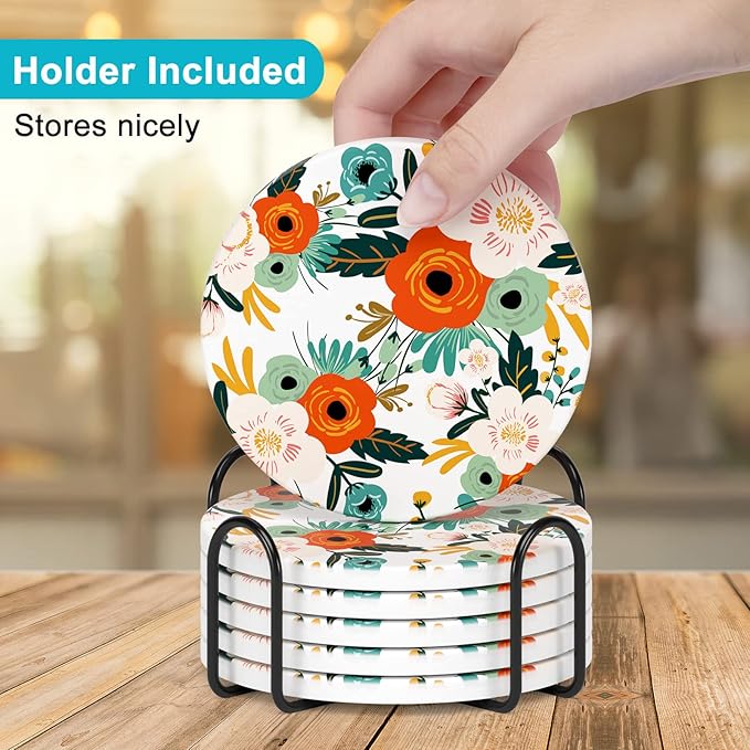 Nipichsha Coasters for Drinks, Set of 6 Cute Absorbent Ceramic Drink Coasters for Cup with Holder and Cork Base, Kitchen Home Decor Housewarming Gift, Round 4 in, White Flowers