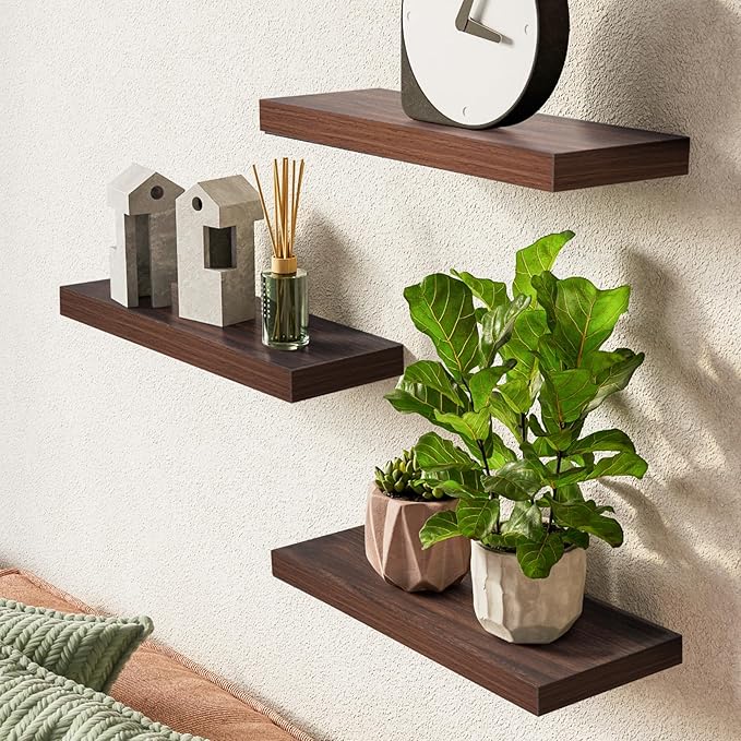 BAYKA Floating Shelves for Wall, Set of 3, Wall Mounted Rustic Wood Shelves for Bathroom, Bedroom, Living Room, Kitchen, Small Hanging Shelf for Books/Storage/Room Decor, Walnut-Like, 15.7in