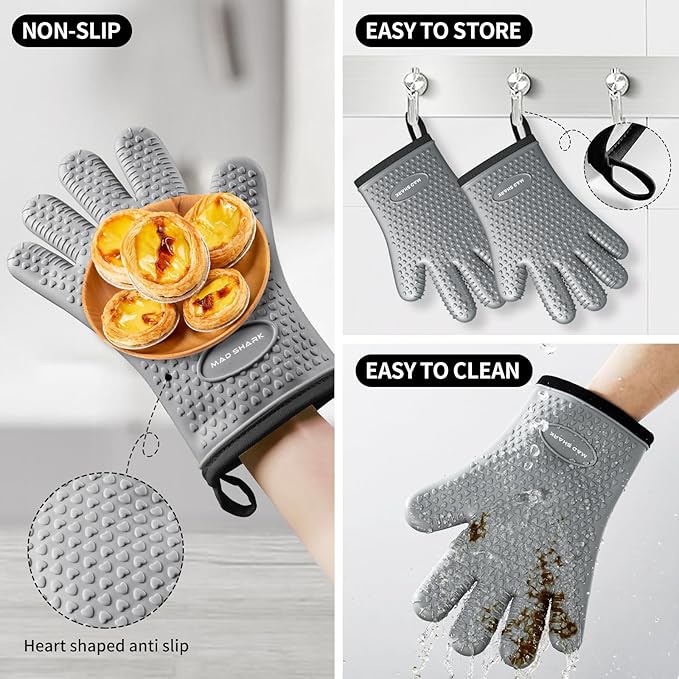 MAD SHARK Silicone Oven Mitts Heat Resistant 450°F,Waterproof & Non-Slip Oven Gloves with Fingers,Cotton Lined Silicone Oven Gloves Kitchen Mitts for Baking Cooking Barbecue,Women,Oven (GREY1)