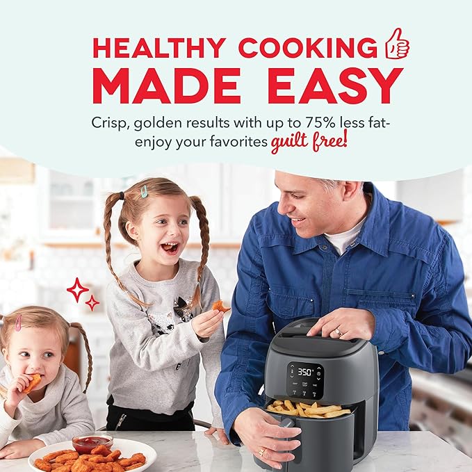 Dash Tasti-Crisp™ Digital Air Fryer – 2.6 Quart Small Compact Mini Air Fryer for French Fries, Nuggets & More, 1-2 People, Auto Shut Off, Adjustable Temp, Dishwasher Safe Parts - Grey