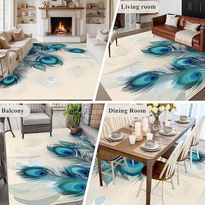 Area Rug 6x9ft, Abstract Animal Art Peacock Feather Washable Rugs for Living Room Bedroom, Watercolor Blue Eyes Beige Soft Non-Slip Area Rugs Rectangle Floor Carpet for Dining Room