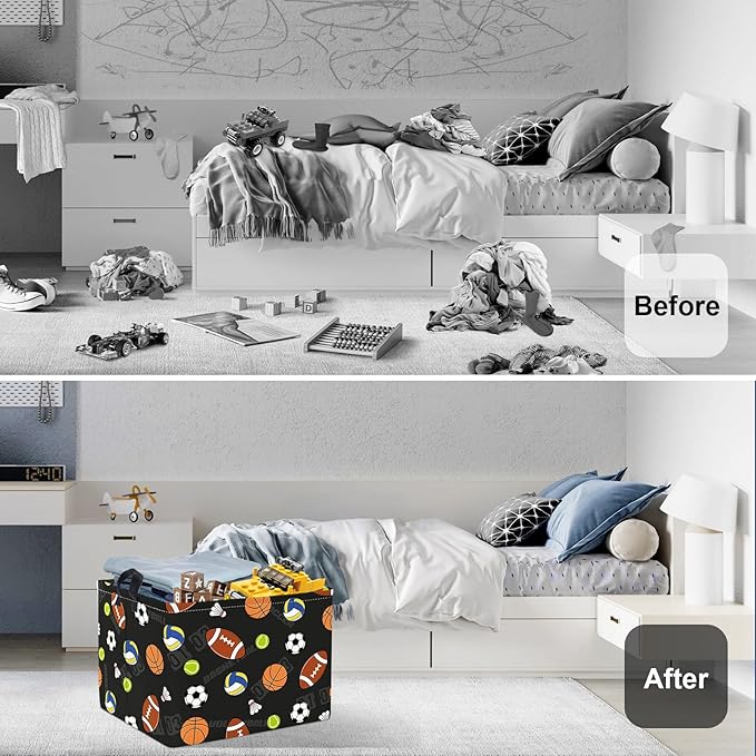 Sports Balls Baby Laundry Hamper Collapsible Clothes Kids Storage Basket Large Boys Gift Toy Box Bin for Play Room, Black, 36L