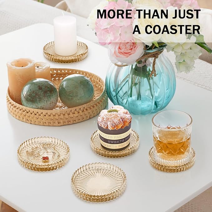 Vintage Glass Coasters, GOH DODD Set of 6 Crystal Coasters Tabletop Protection for Drinks, Home Decor, Kitchen, Living Room, Patio, Wedding, Party, Housewarming Gifts, Amber, Gold