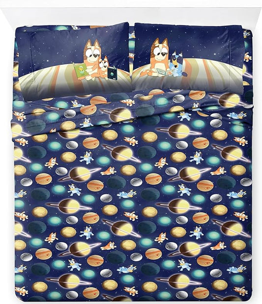 Jay Franco Kids Sheet Set with Fitted, Flat Sheets & Pillow Cover - Ultra-Soft Bedding with Pillowcase for Room Decor, Blue - Bluey & Bingo, 4 Piece Full