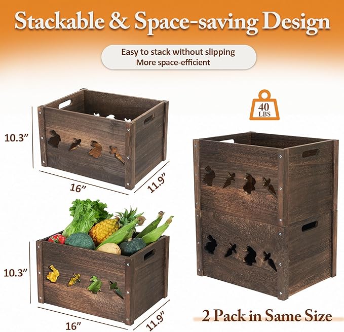 Edergoo Wooden Crates 2 Pack, Hollow Rabbit Wooden Crates for Display & Storage, Farmhouse Handmade Wood Crate with Handles, Rustic Large Decorative Wood Crate Box for Display